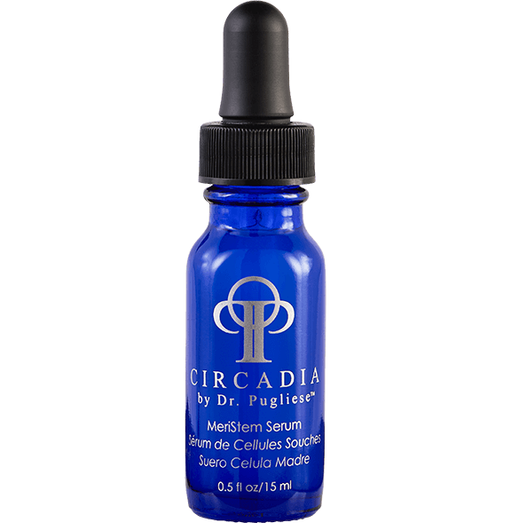 A blue bottle with a dropper containing MeriStem Serum, with the brand logo and text visible on the label.