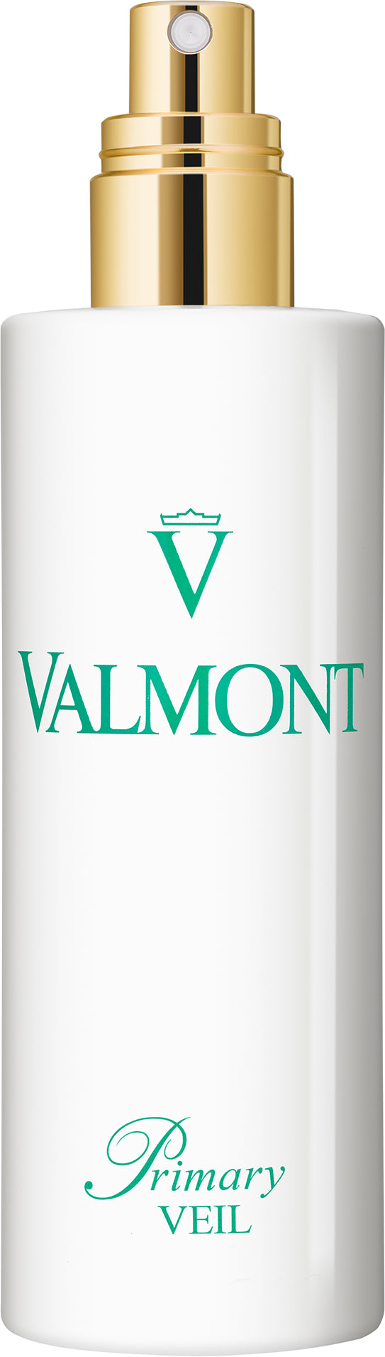 A white spray bottle with a gold pump labeled 'VALMONT Primary Veil'.