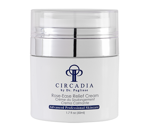 A jar of Circadia Rose-Ease Relief Cream, designed for calming redness and irritation associated with Rosacea.