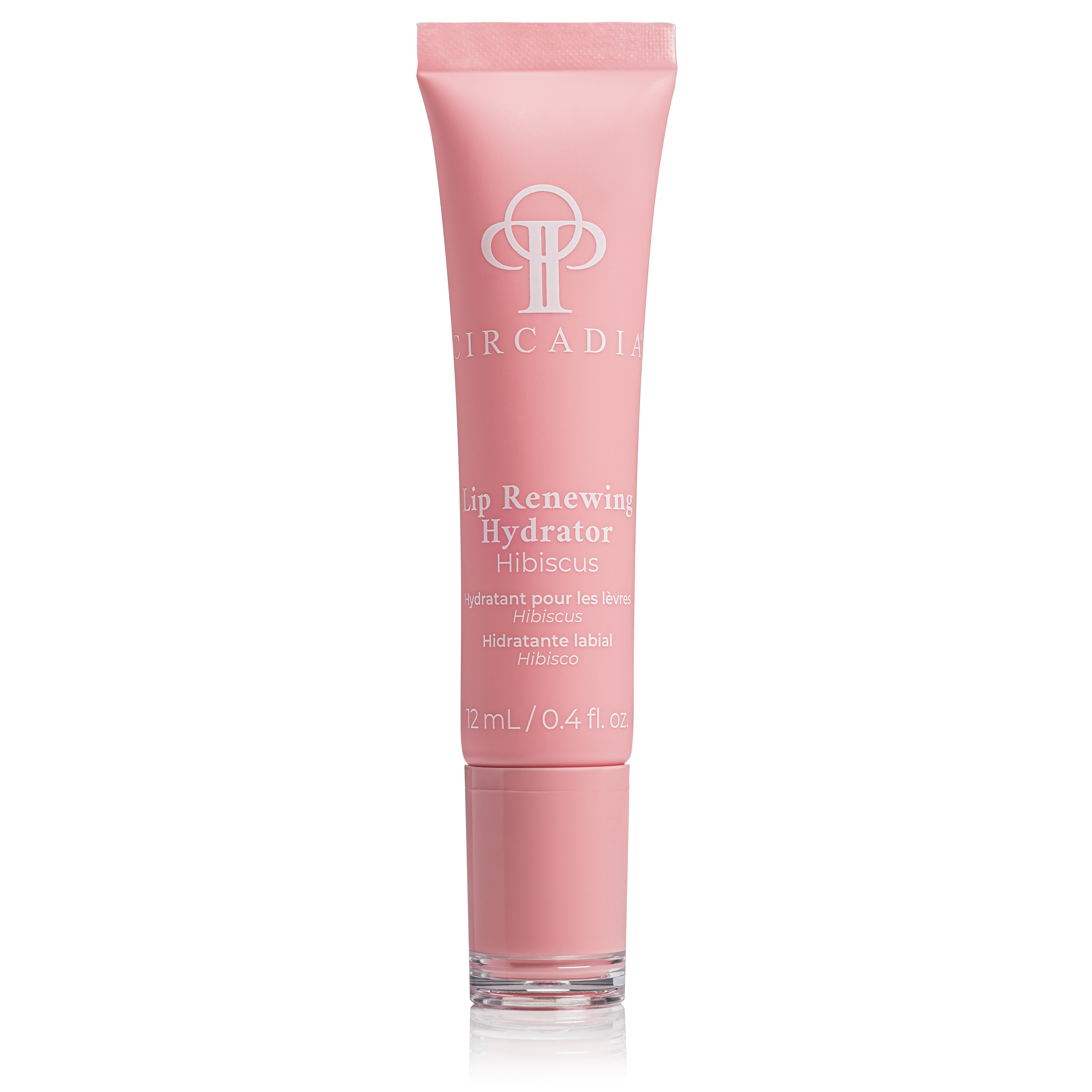 Pink lip balm tube with brand logo on a white background