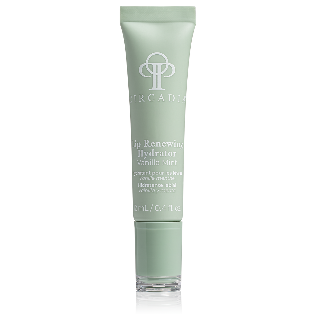 Green lip balm tube with brand logo on a white background