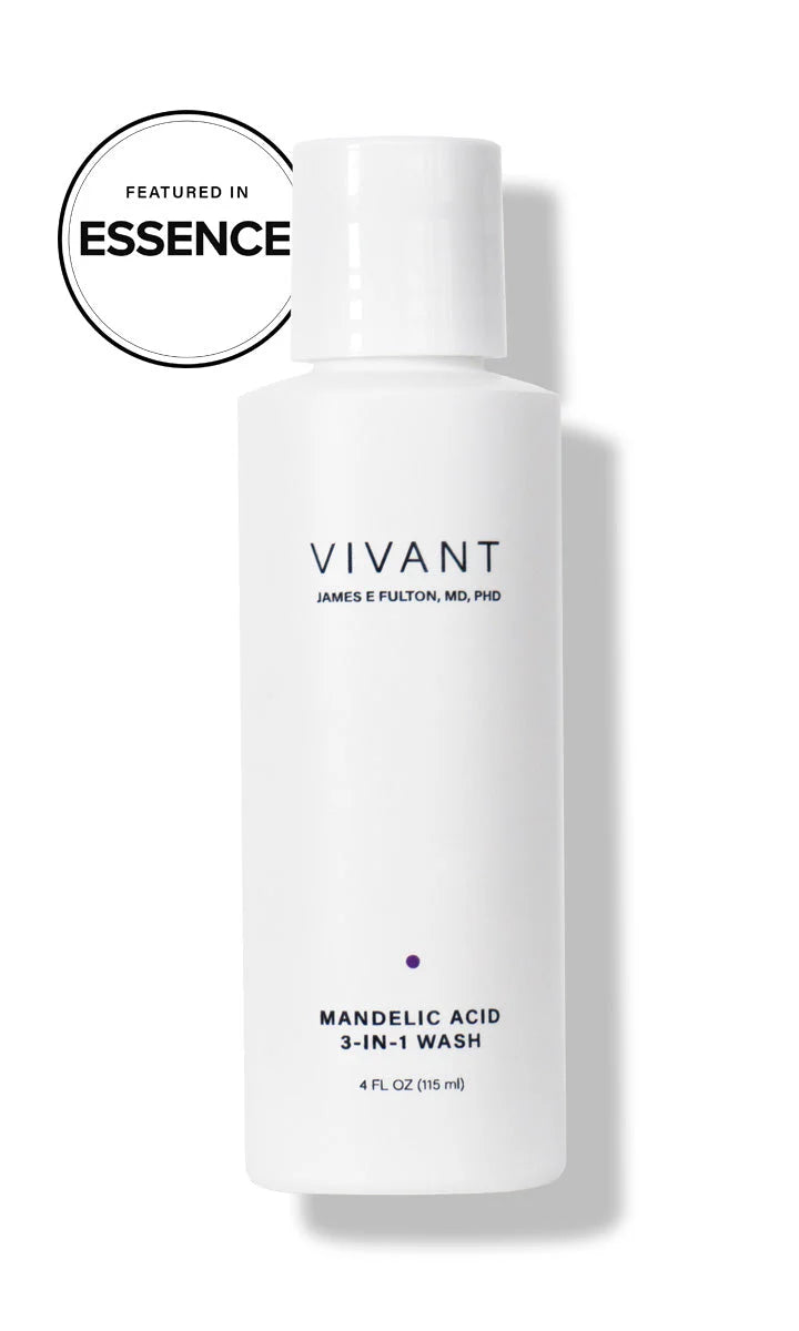 Vivant mandelic acid 3-in-1 wash bottle on a white background with 'Essence' branding.