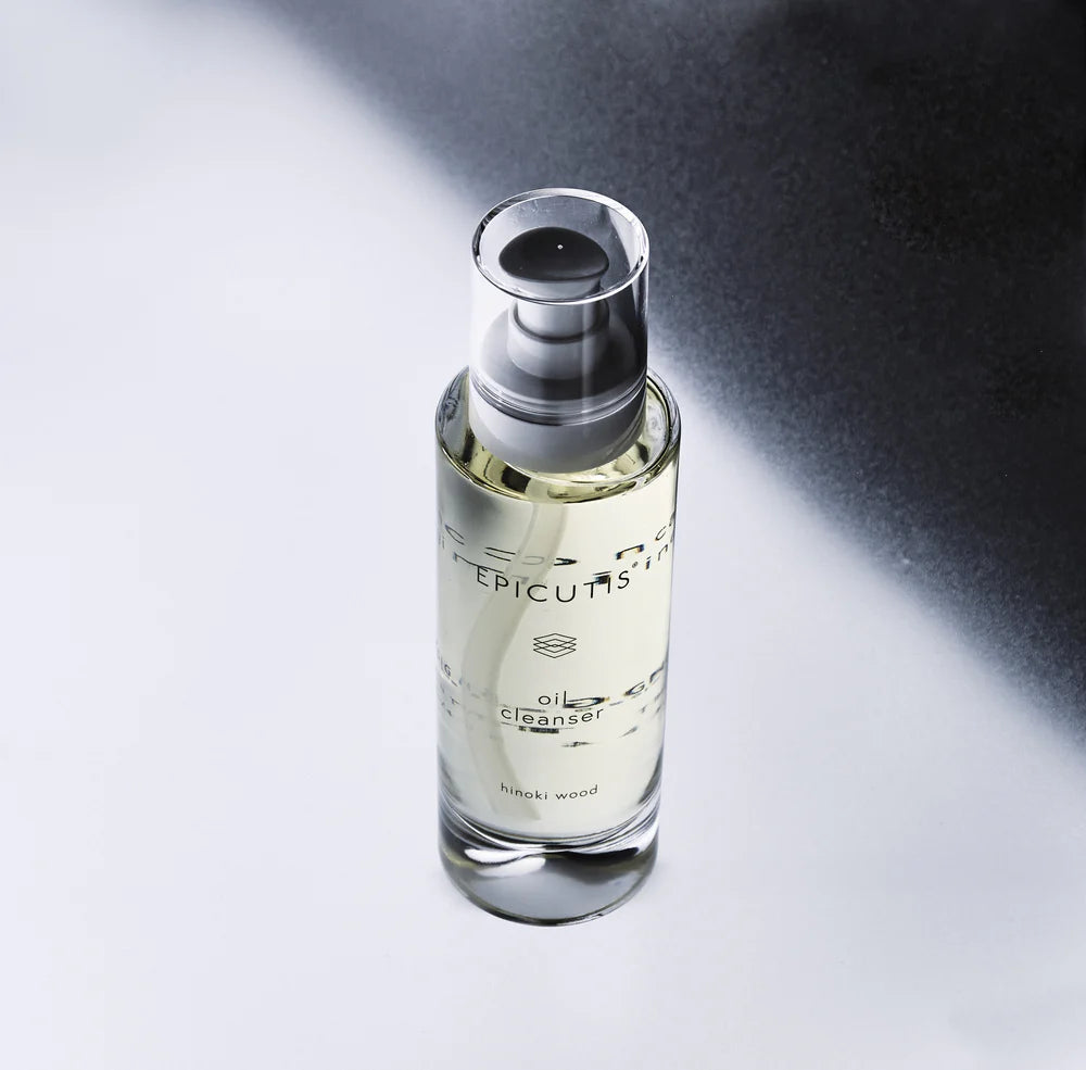 Bottle of Epicutis oil cleanser on a light gray background