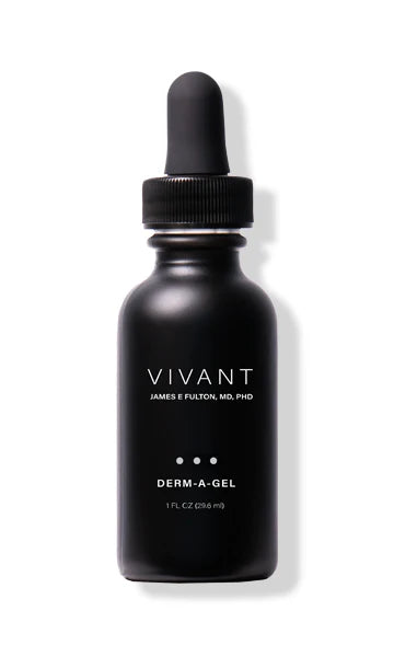Black bottle of Vivant Derm-A-Gel with dropper on a white background
