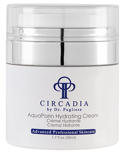 A jar of Circadia AquaPorin Hydrating Cream, with white and blue labeling, designed for advanced professional skincare.