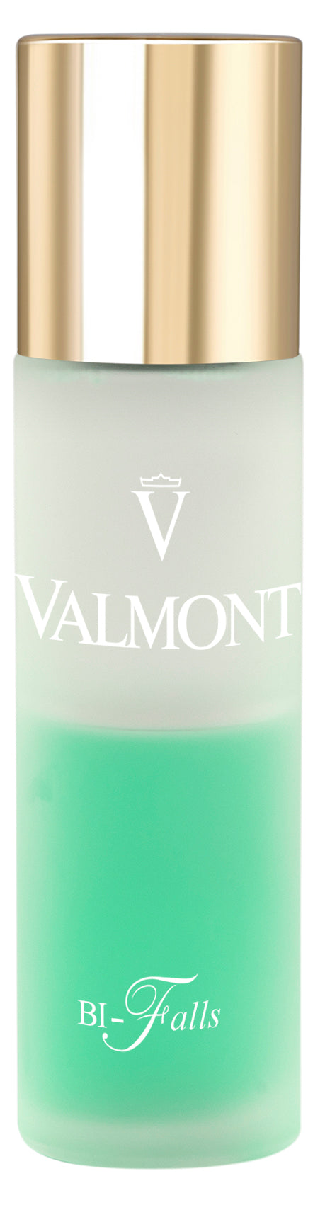 A bottle of Bi-Falls makeup remover with a white and green label, and the brand 'Valmont' visible on the label.