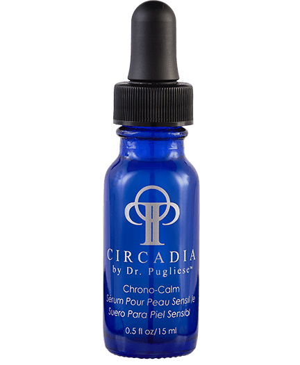 A blue bottle with a dropper containing the Chrono Calm serum by Circadia for irritated skin.