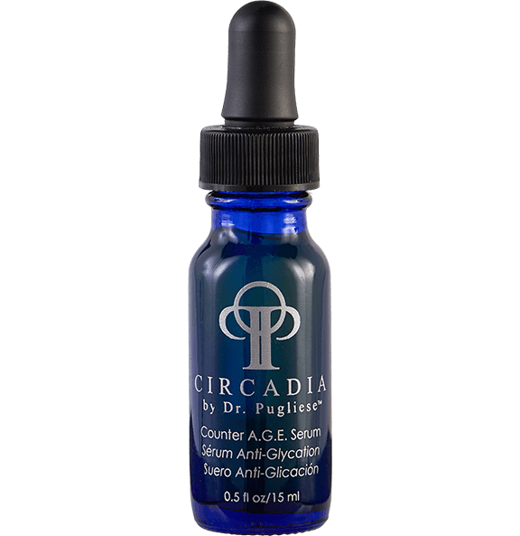 A bottle of Counter A.G.E serum by Dr. Puglise, which is a light blue, water-based skin care product.