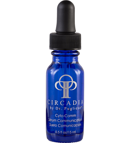 A blue glass dropper bottle labeled 'Circadia by Dr. Pugliese Cyto-Comm Serum Communication', intended for skin care.