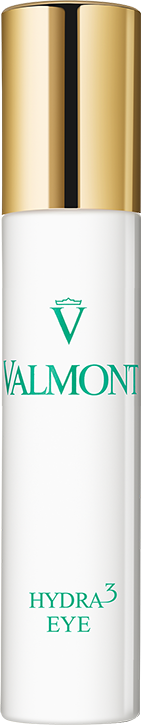 The image displays the packaging of Hydra3 Eye Cream by Valmont, featuring a sleek, white cylindrical container with a green and gold logo.