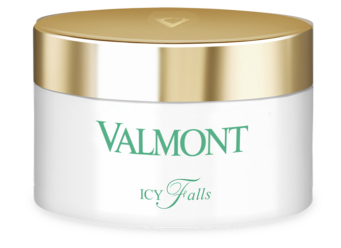 A jar of Valmont brand 'Icy Falls' makeup remover with a gold lid on a white background.
