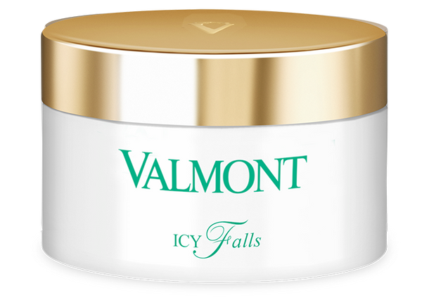 A jar of Valmont brand 'Icy Falls' makeup remover with a gold lid on a white background.