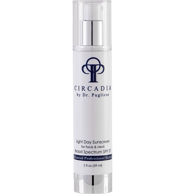 A pump bottle of Circadia by Dr. Puglise Light Day Sunscreen with SPF 37, designed for face and neck, providing broad spectrum UV protection.
