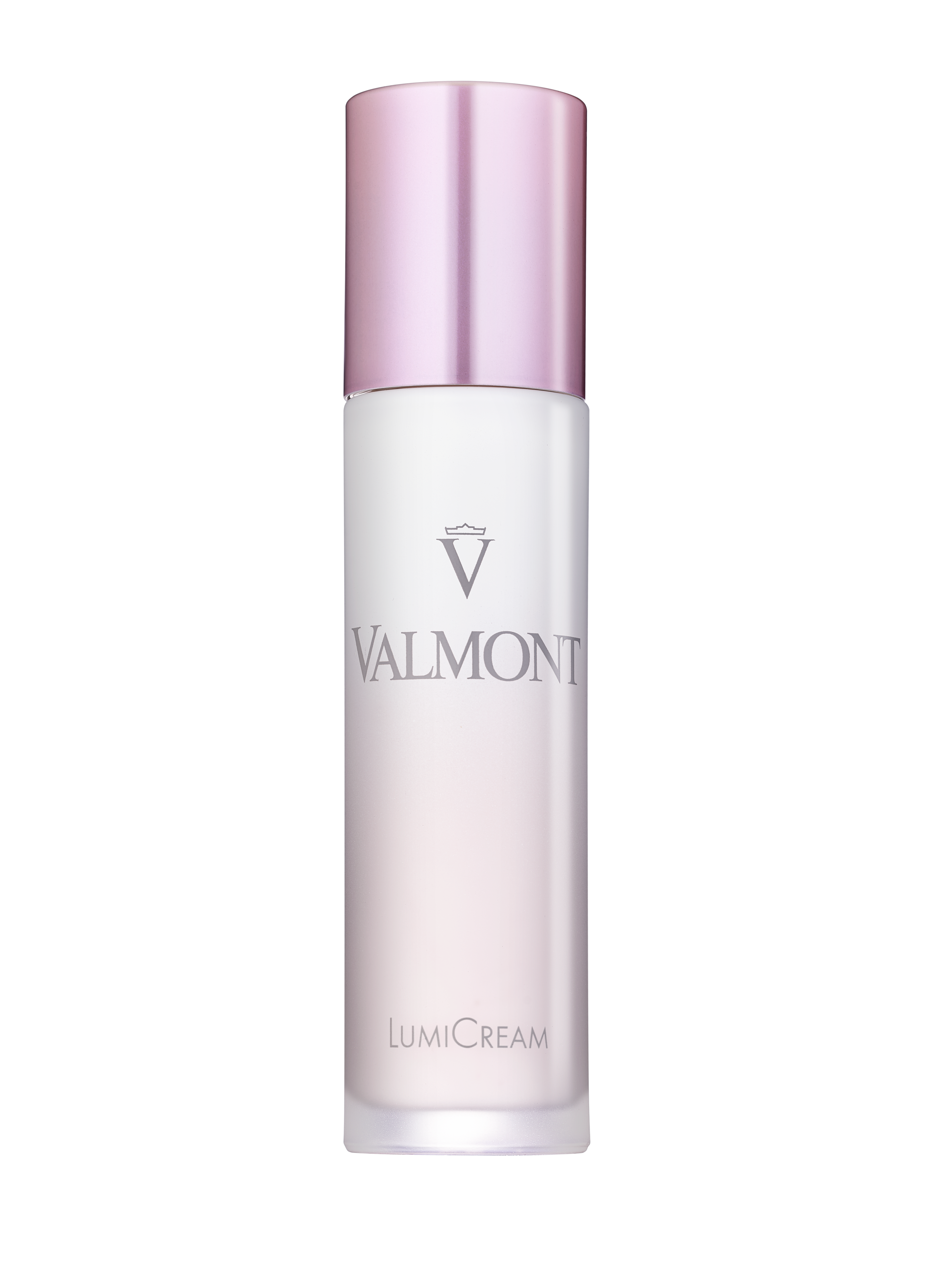 A pump bottle of Lumicream, a skin cream product, with a pink label and white packaging.