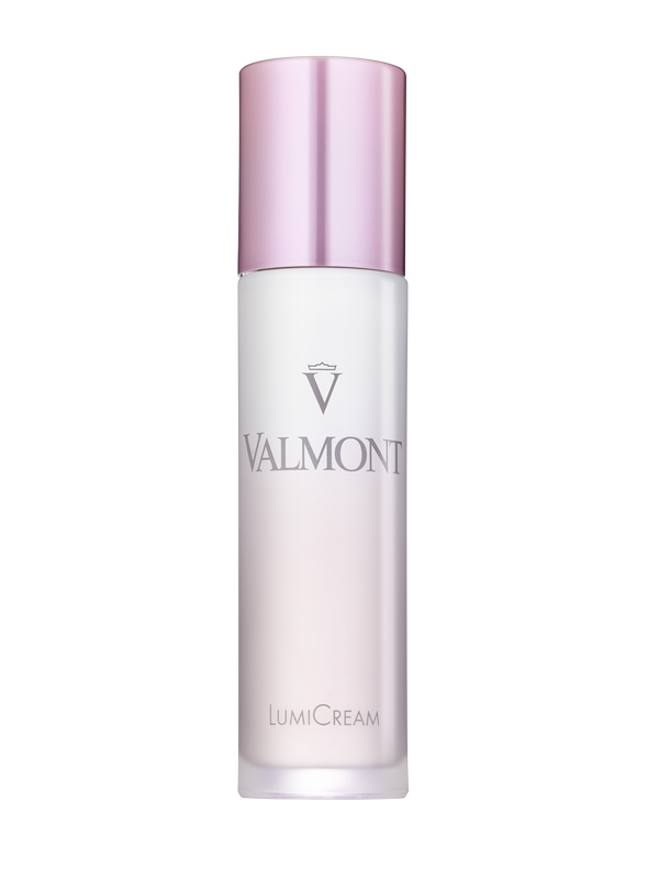 A pump bottle of Lumicream, a skin cream product, with a pink label and white packaging.