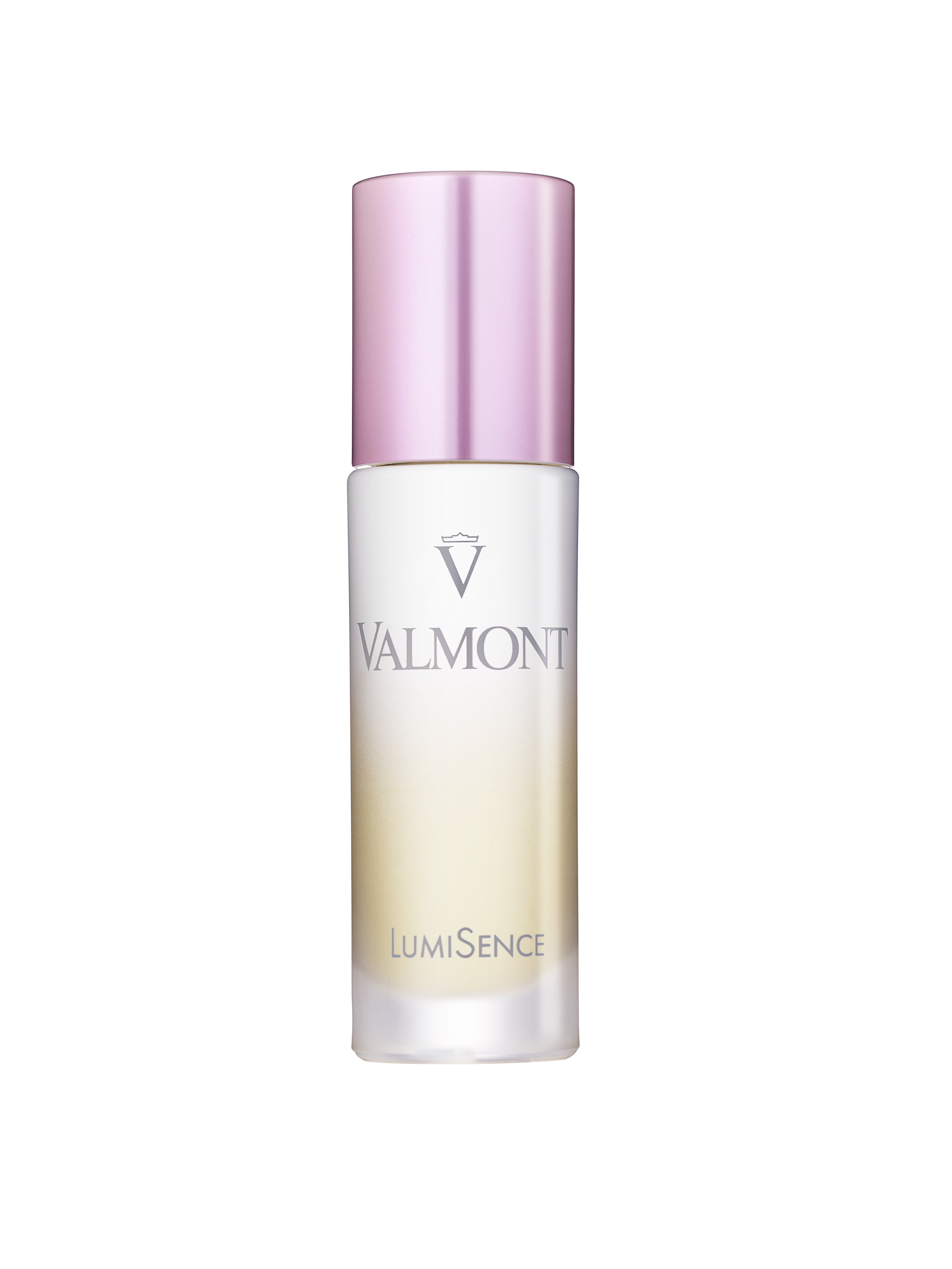 A bottle of LumiSence serum with a pink and white label, indicating the brand Valmont.