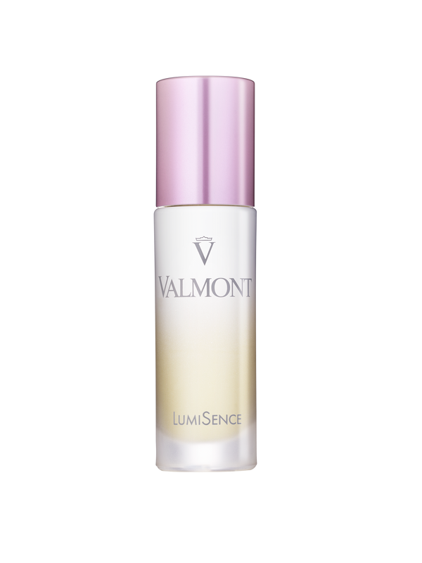 A bottle of LumiSence serum with a pink and white label, indicating the brand Valmont.