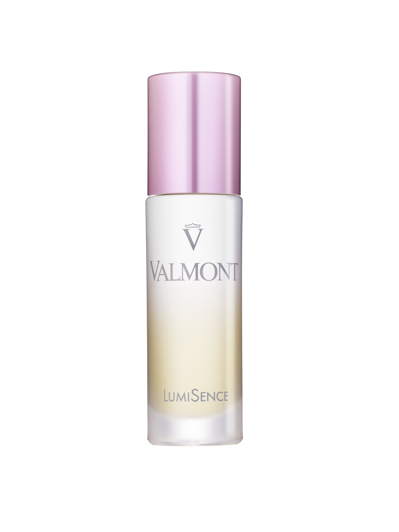 A bottle of LumiSence serum with a pink and white label, indicating the brand Valmont.