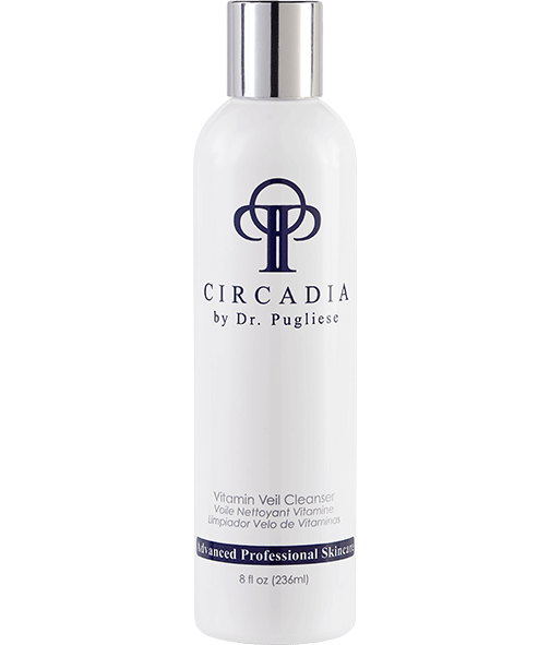 A white pump bottle with blue and silver labeling for Circadia by Dr. Pugliese Vitamin Veil Cleanser.