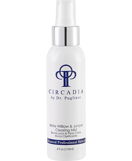 A white pump bottle labeled 'Circadia by Dr. Pugliese' with text indicating it is a white willow and juniper clearing mist for skin.
